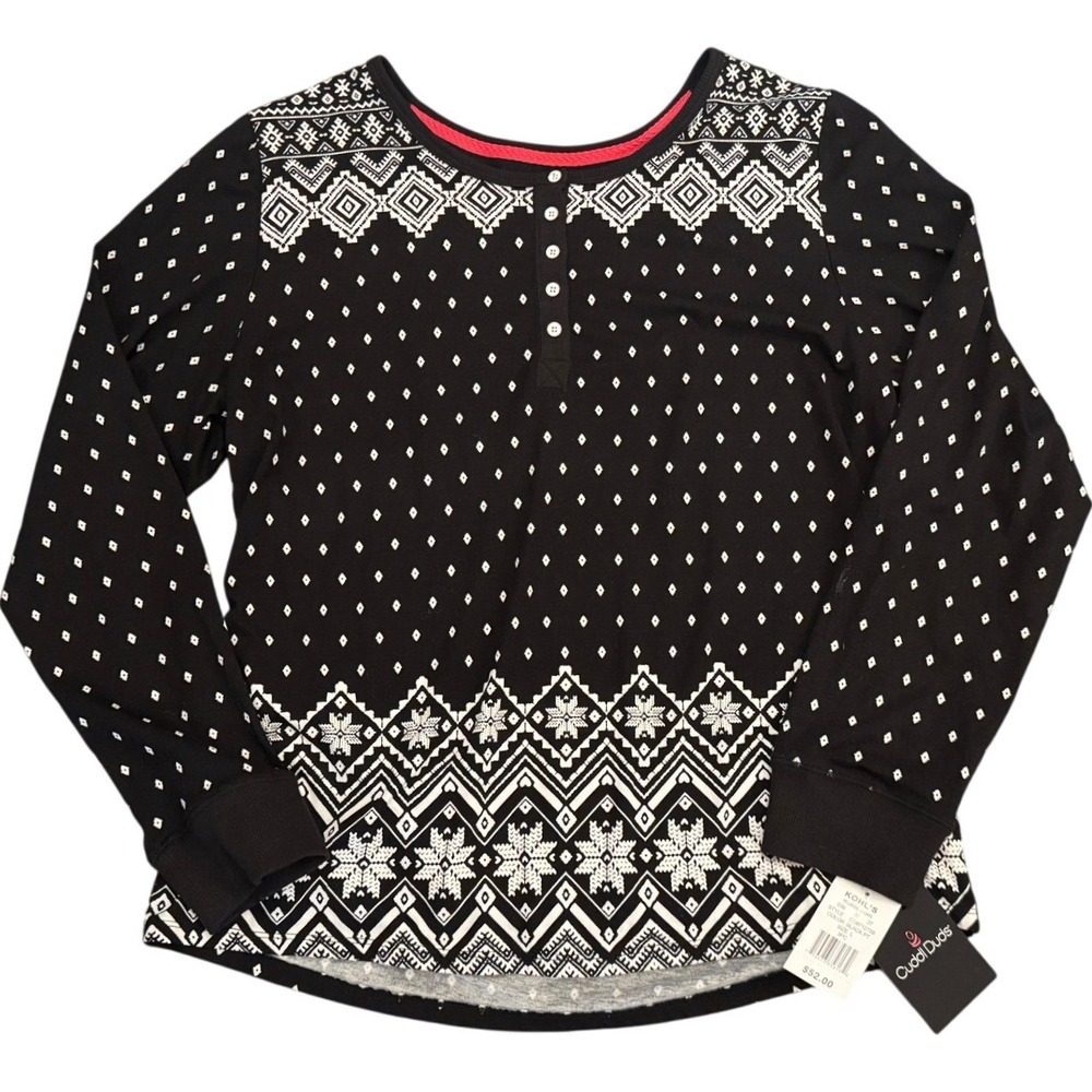Cuddl Duds Womens Black White Fair Isle Henley Pajama Top CD8712759 Large